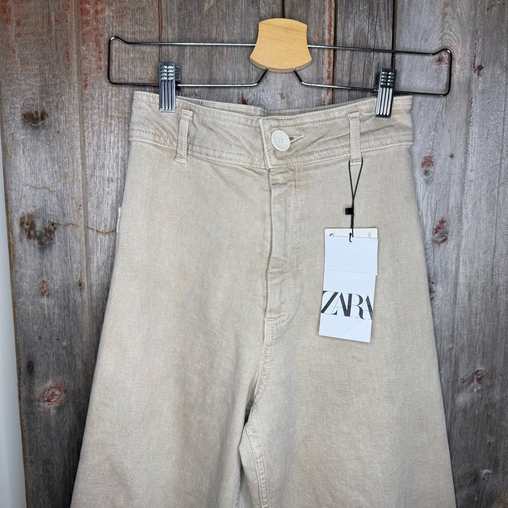 NWT Zara Marine Straight Wide Leg Denim Pants in Khaki Beige Raw Hem size 2 - Picture 3 of 12